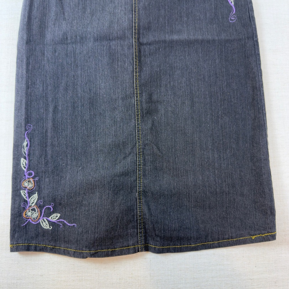 Be-Girl Basic Denim Maxi Skirt Womens M 7/8 Dark Wash Embroidered Heart Floral - Picture 8 of 13